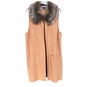 NWOT Talbots Tan Faux Fur Collar Sleeveless Longline Sweater Cardigan Size L